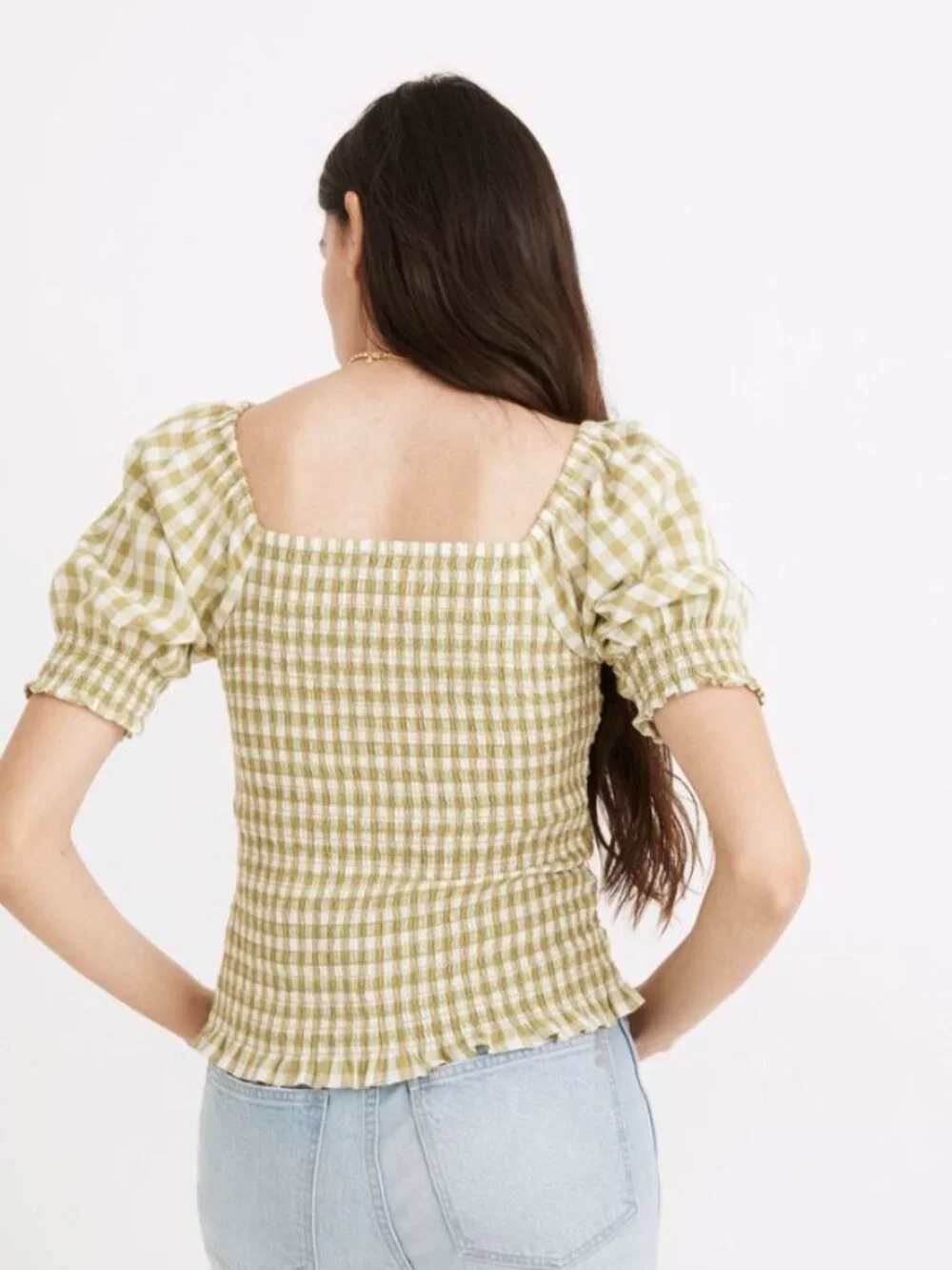 Madewell Lucie Puff-Sleeve Smocked Bodice Top in Gingham Check, Size XXS